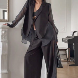Mesh Tie Waist Wide Leg Pants Blazer